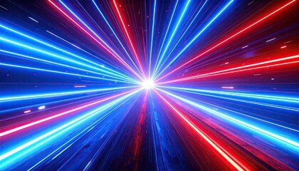 Abstract digital artwork depicting radiating red and blue light streaks emanating from a central bright point, set against a dark background with subtle particle effects