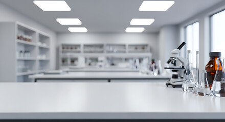 Microscope and laboratory glassware on a white table in a research lab, with blurred background of equipment and shelves