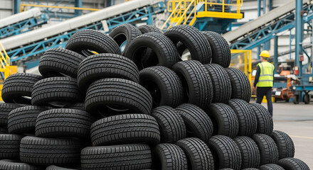 Pile of new tires stacked in a factory with a worker walking in the background