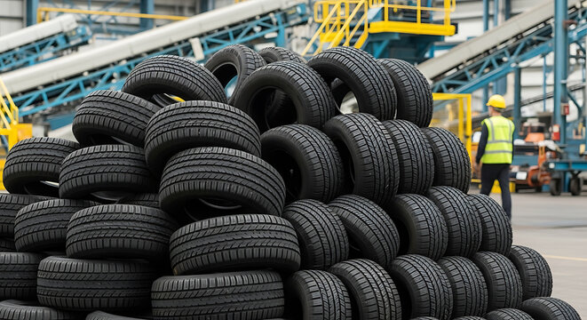 Pile of new tires stacked in a factory with a worker walking in the background