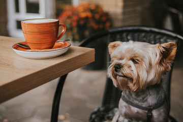 Adorable Yorkshire Terrier dog sitting at outdoor cafe table next to the orange cup of coffee. Cozy lifestyle scene with pet, warm autumn vibes, small dog portrait in urban setting Trendy cafe culture