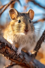 Close-up of a furry rodent on a tree branch