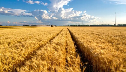 A vast, golden wheat field bathed in warm sunlight, a combine harvester at work, and a dramatic cloudscape above