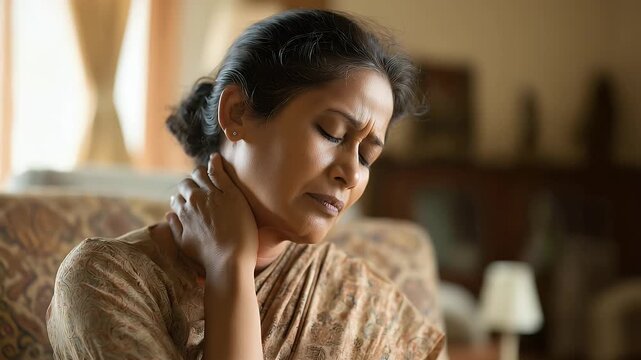 A middle-aged Indian woman sits on a sofa, wincing in pain while holding her stiff, reddish neck in a warmly lit living room