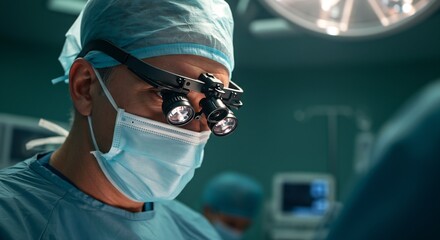 Close-up of a surgeon with surgical loupes and mask performing an operation in an operating room