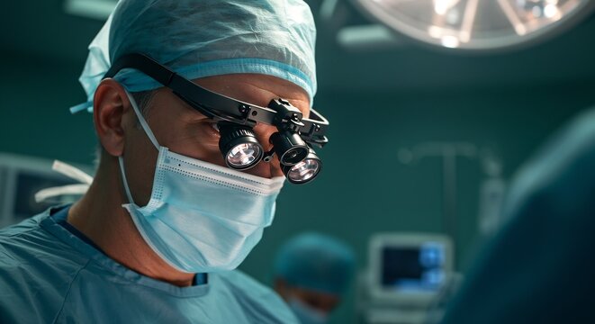 Close-up of a surgeon with surgical loupes and mask performing an operation in an operating room - Powered by Adobe