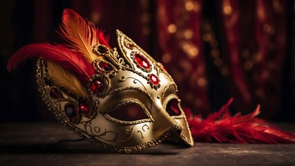 Máscara veneciana dorada con plumas rojas sobre fondo oscuro, símbolo de elegancia y misterio