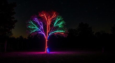 Illuminated tree against a dark background showcasing vibrant neon lights at night