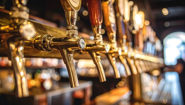 Golden beer taps in a dimly lit bar