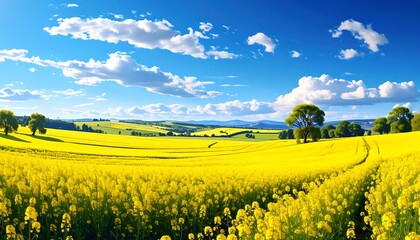A vast, panoramic view of a bright yellow field under a vibrant blue sky dotted with fluffy white clouds. Rolling hills are visible