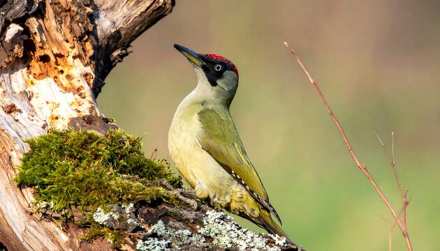 Green woodpecker perched on a tree trunk