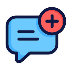 Dynamic blue speech bubble icon featuring lines for text, paired with a vibrant red circle containing a white plus sign. Symbolizes 'add new message,' 'create chat,' 'compose post.' Essential for mode