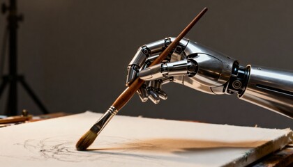 Naklejka premium A robotic arm meticulously holds a paintbrush, creating art on canvas, illuminated by soft light.
