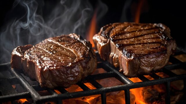 Dos filetes a la parrilla cocin&aacute;ndose sobre brasas encendidas con humo y textura jugosa