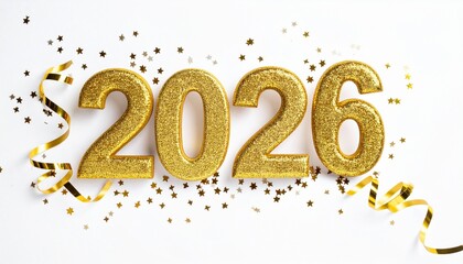 Glittery gold “2026” with confetti and ribbon on white background
