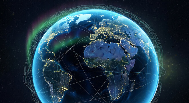 Earth globe with city lights and digital network connections rotating in space showing continents, illustration. - Powered by Adobe