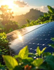 Sunlight reflecting on solar panels amidst lush greenery