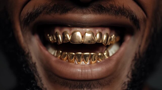 A black man smiles with a set of golden grillz on his teeth