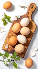 Eggs on a wooden cutting board with spring blossoms