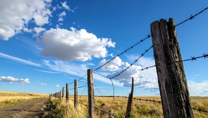 A vast rural scene. The weathered wooden fence with barbed wire extends into the distant flat fields under a bright, partly cloudy sky