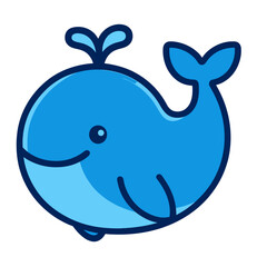 Obraz premium Cute blue whale illustration with a happy face, playful water spout, and radiant blue glow. Perfect for kids' educational content, marine life themes, ocean conservation, digital art, vector graphics,