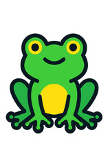 Obraz premium A cute, green cartoon frog with yellow eyes and a smiling face, meticulously rendered in a clean, friendly vector art style, featuring bold black outlines and a prominent yellow belly, set against a s