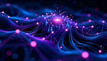 Abstract digital illustration of a central data hub with interconnected glowing networks.