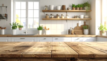 Wooden kitchen table top, bright sunlight