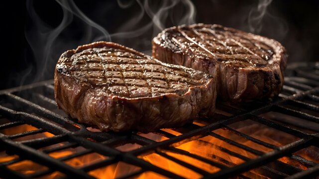 Dos filetes de carne as&aacute;ndose a la parrilla con brasas encendidas y humo arom&aacute;tico