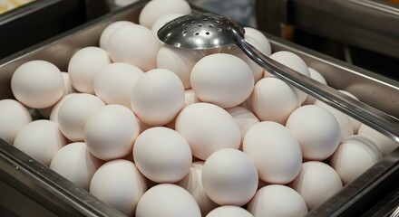 Fresh white eggs in metal container with serving utensil overhead view
