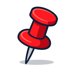 Vibrant red pushpin illustration with a glossy head and sharp metallic tip, perfect for pinning, marking, & organizing information in digital projects, presentations, and web design. A versatile icon.