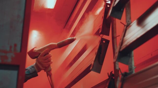 Professional painter in a workshop using a spray gun to apply red powder coating on metal profiles, providing a durable and high quality finish for industrial manufacturing purposes