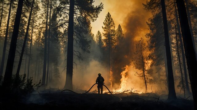 Bombero enfrentando incendio forestal con grandes llamas y humo entre &aacute;rboles al anochecer