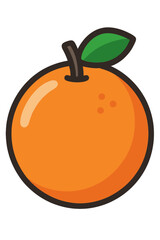 Vibrant cartoon orange fruit illustration, featuring a fresh green leaf and brown stem, set against a striking dark black background. A perfect vector art representation of healthy citrus fruit.