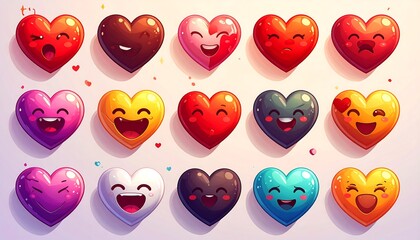 Heart-shaped cartoon emojis with various expressions