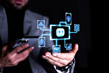 Businessman holding ai chatbot user interface integrating business solutions