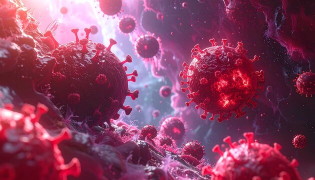 A macro, surreal depiction of infectious viral particles floating amongst nebulous, colored matter, resembling a cellular landscape