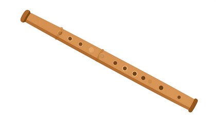 A vector illustration depicts a simple, wooden flute lying diagonally across a white background. The instrument features multiple tone holes