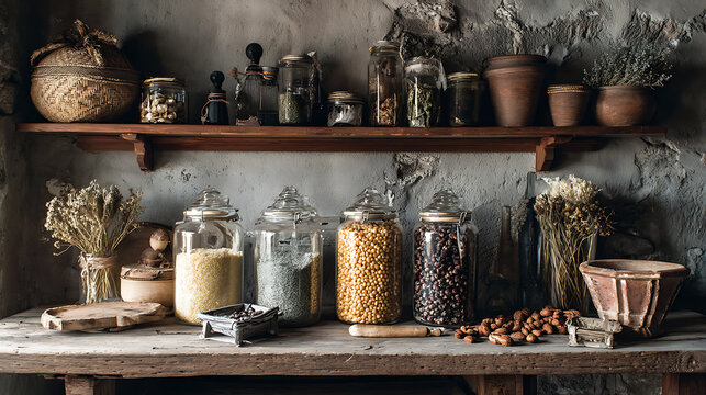 Various dried herbs, spices, grains, and seeds in jars on wooden shelves in rustic kitchen - Powered by Adobe