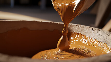 Earthen paint pours into a container, creating a viscous swirl of color. Raw pigments mix together, forming a textured, organic medium for artwork.