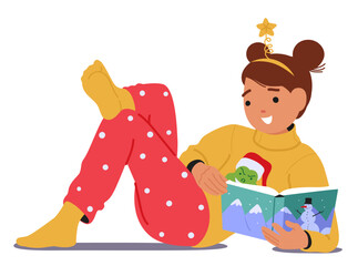 Cute pretty Christmas girl child cartoon character reading holidays fairy tale isolated on white