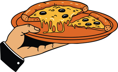 Hand holding pizza slice with melted cheese and olives on wooden plate vector illustration