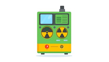 A vector illustration of a green and yellow radiation detector with a screen, dials, and a button. The device has a radiation symbol