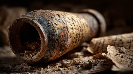 1947, Dead Sea cave, pottery jar holds ancient scroll, discovery in quiet desert stillness.