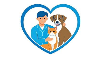 A vector illustration of a person in blue scrubs embracing a dog and cat within a blue heart shape, promoting care
