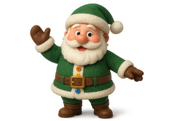 Friendly santa claus character in green suit waving, symbolizing christmas greeting and holiday cheer