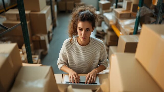 A young woman manages her online business by packing goods for delivery in a warehouse while using her laptop