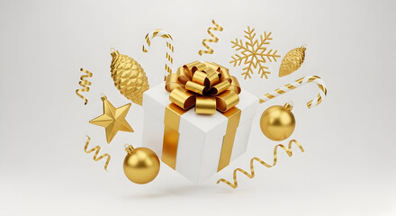 Elegant christmas gift with golden ornaments floating on a white background for festive celebrations