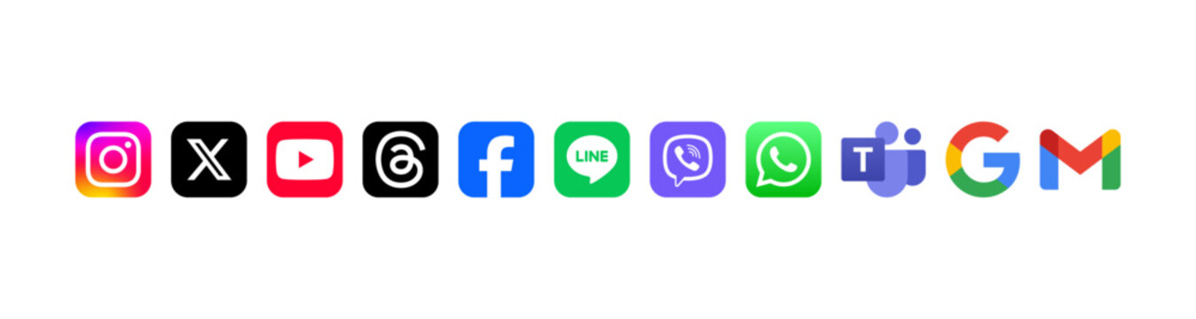 social media icons button collection set. threads, x pinterest, snapchat, tiktok, microsoft teams, google, gmail, viber, whatsapp, facebook, instagram, logo, icon - social network app logos