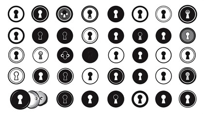 A vector image features a collection of keyhole icons arranged in circular frames, each with various styles, in a simple, bold layout